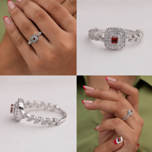 Collage of princess cut lab diamond double halo engagement ring with fancy red colored diamond