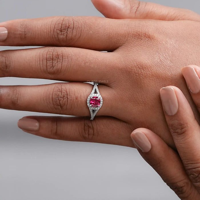 Ruby Cushion Gemstone Split Shank Halo Ring