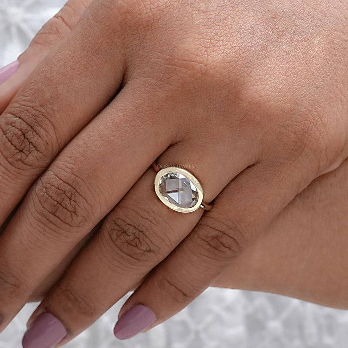 East West Rose Cut Oval Lab Diamond Bezel Solitaire Ring