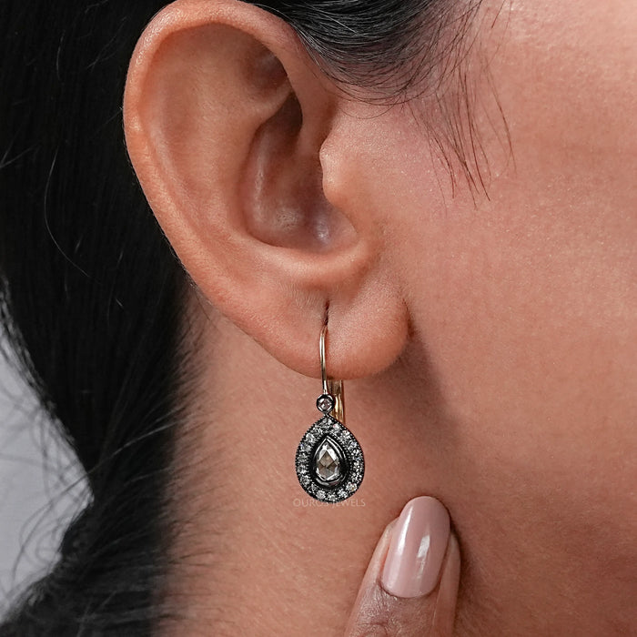 Rose Cut Pear Halo Diamond Dangle Earrings