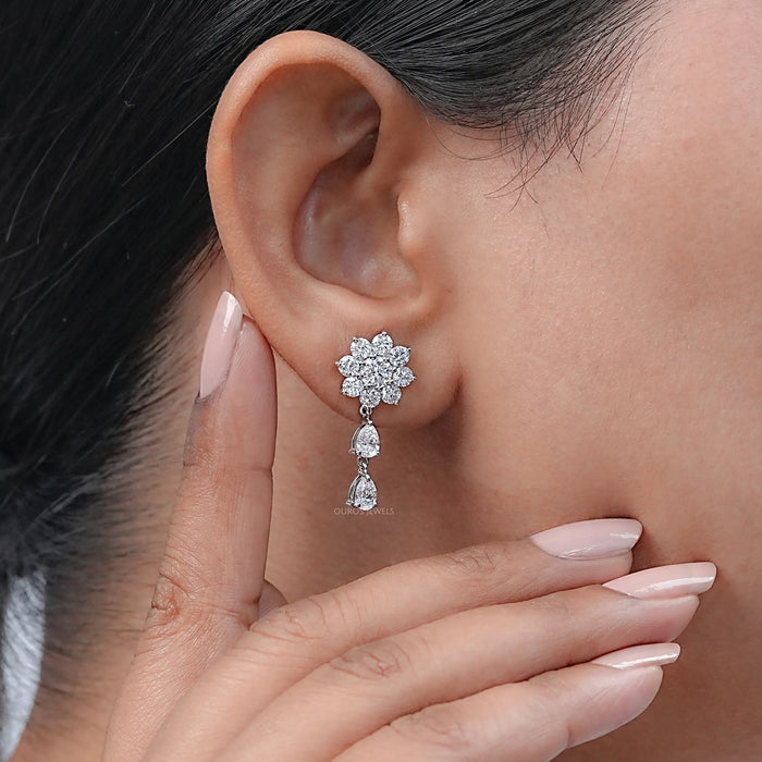 Round Diamond Halo Flower Drop Earrings