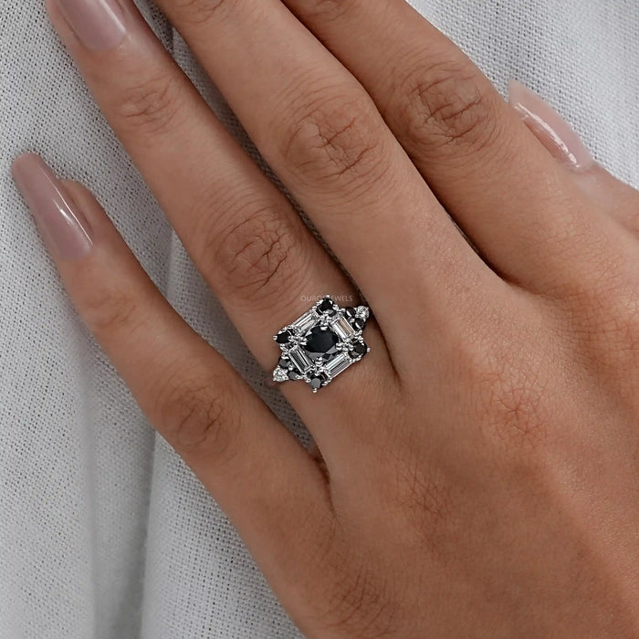 Black  Round Cut Halo Baguette Diamond  Ring