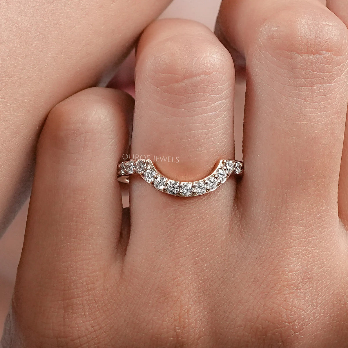 Pave Set Round Cut Diamond Deep Curved Wedding Band — Ouros Jewels