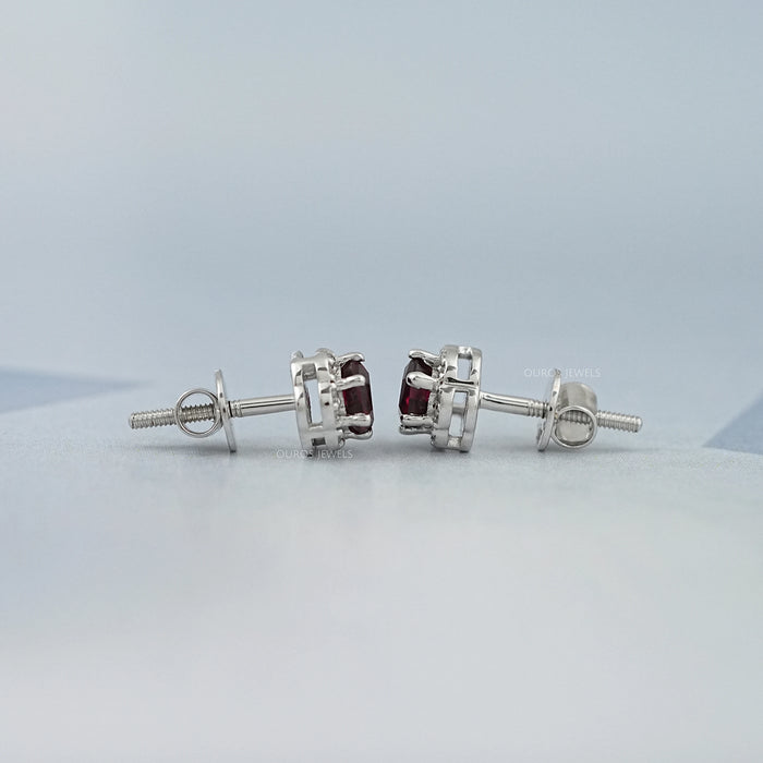 Hexagon Cut Red Ruby Gemstone Halo Stud Earrings