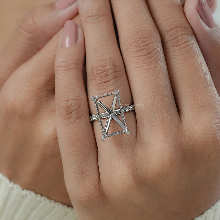 Emerald Shape Hidden Halo Semi Mount Ring