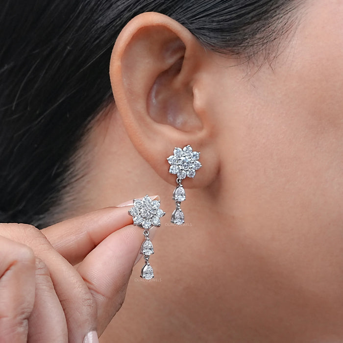 Round Diamond Halo Flower Drop Earrings