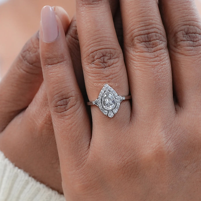 Old Mine Pear Cut  And Single Round Halo Engagement Ring