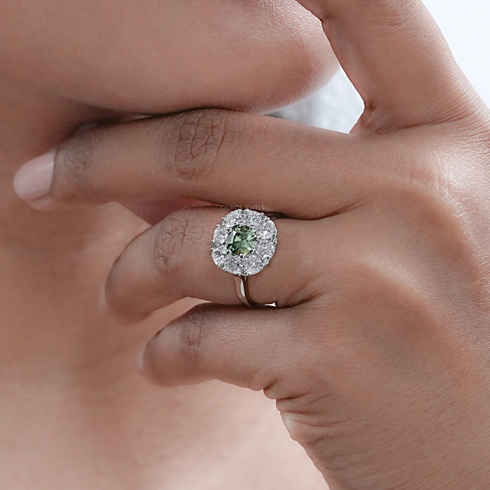 Green Cushion Cut Lab Diamond Halo Engagement Ring