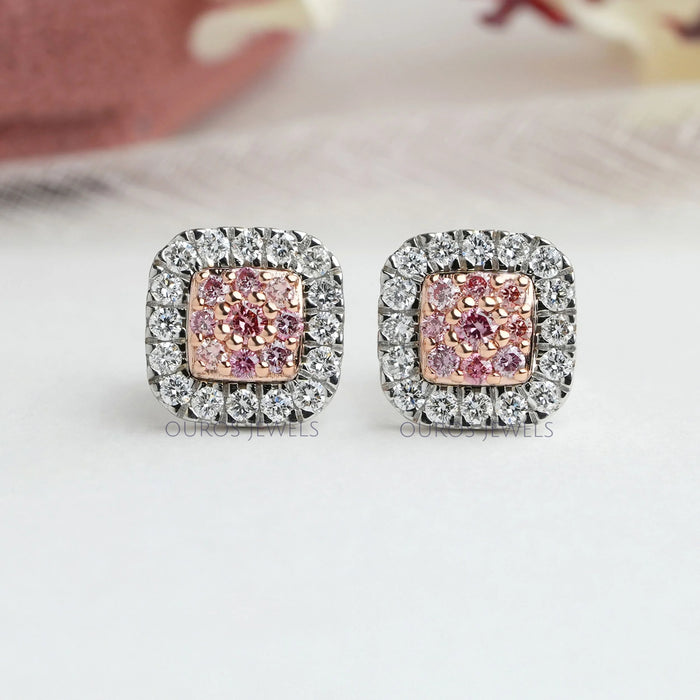 Pink Round Cut Lab Grown Diamond Halo Stud Earrings