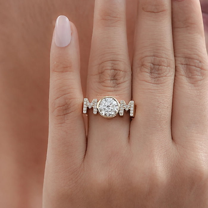 mom initial letter round lab diamond customized mother's ring in finger
