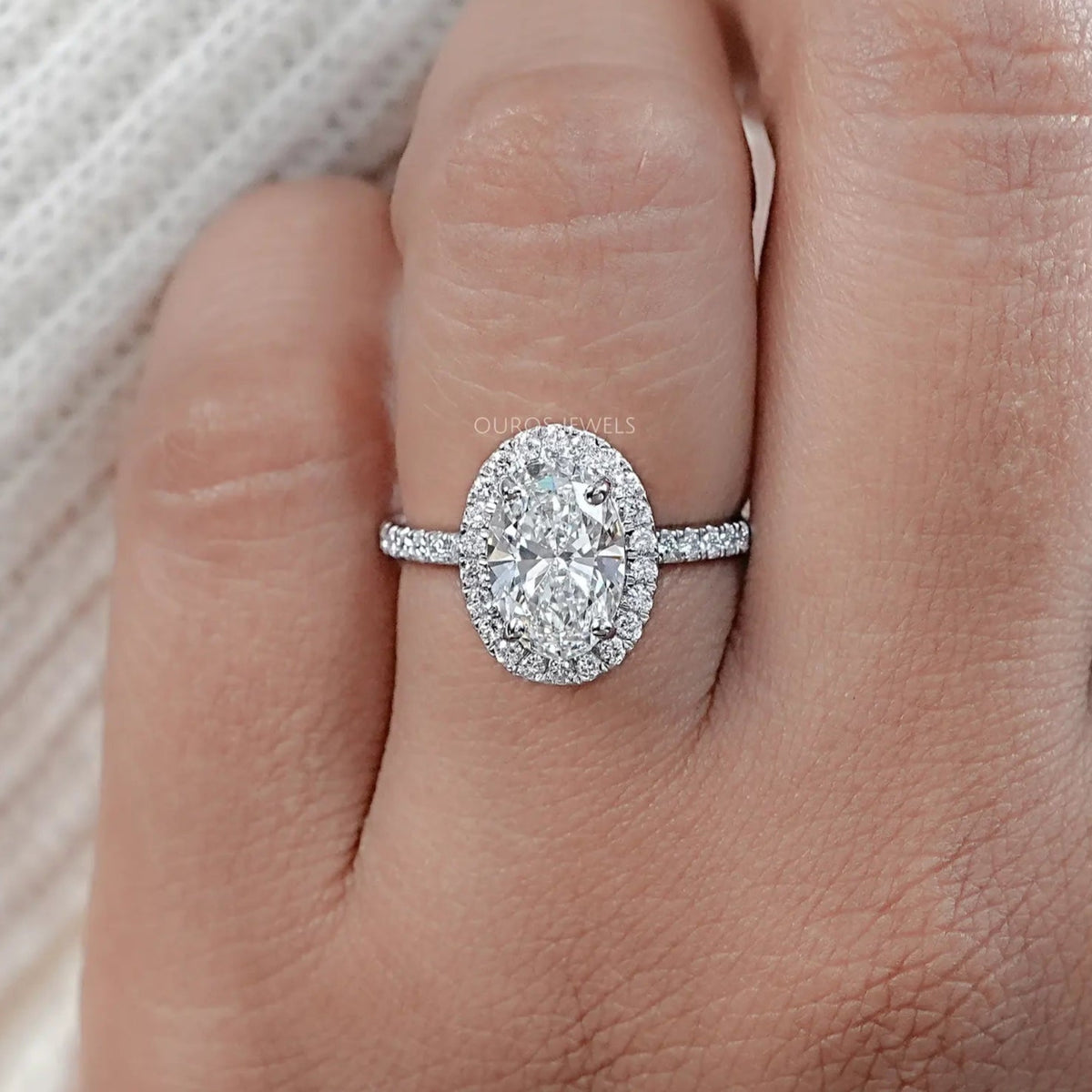 Oval Diamond Halo Engagement Ring with Accents — Ouros Jewels