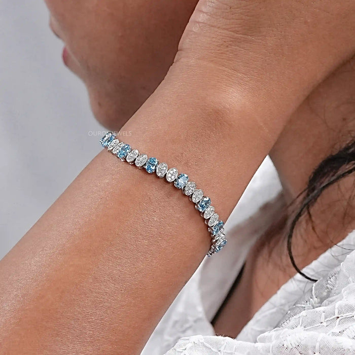 Blue Oval Diamond And Round Diamond Tennis Bracelet