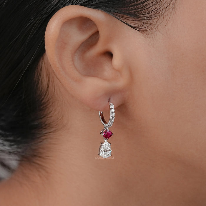 Old Mine Pear Diamond And Ruby Cushion Drop Hoop Earrings