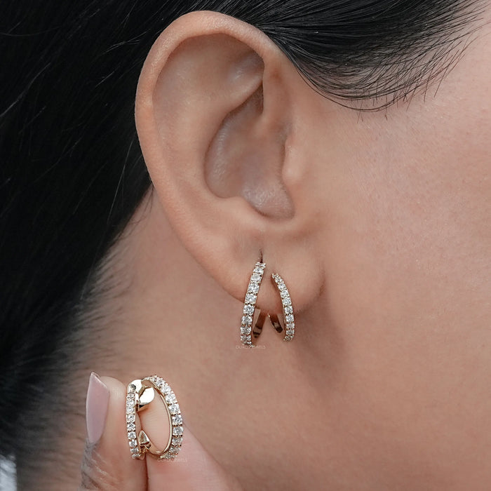 Round Lab Diamond Double Row C Hoop Earrings