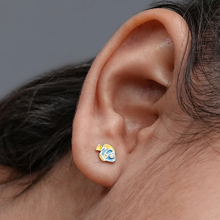 Round Cut Diamond Enamel Fish Earrings For Kids