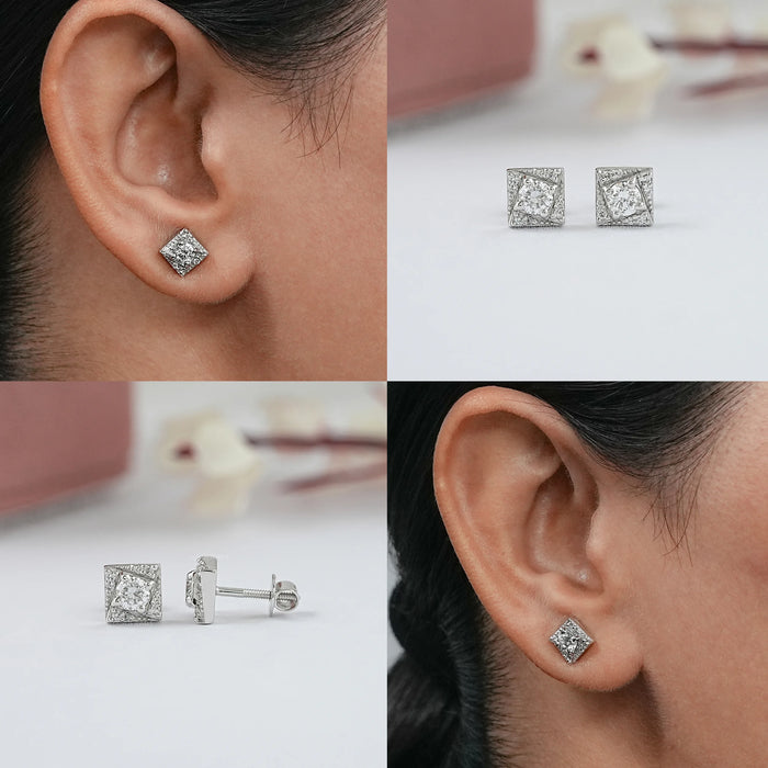 Round Cut Lab Diamond Small Square Stud Earrings