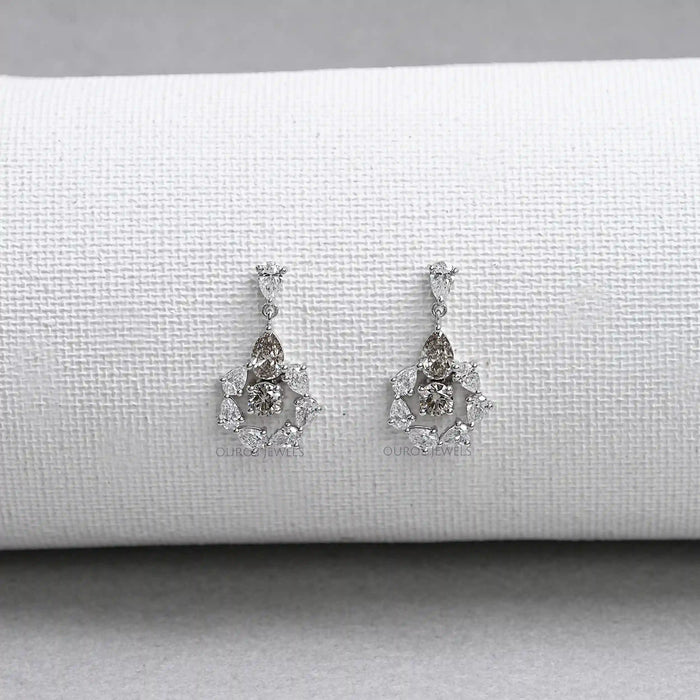 Olive Pear And Round Lab Diamonds Halo Drop Earrings