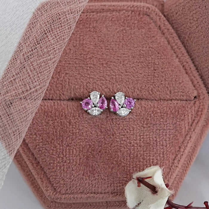 Pink Pear And Round Diamond Cluster Earrings