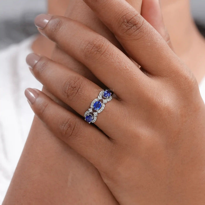 Three Stone Sapphire Oval Gemstone Halo Ring