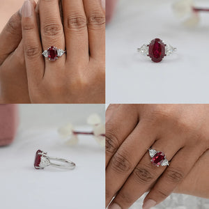 3 Stone Oval Ruby Lab Gemstone Ring