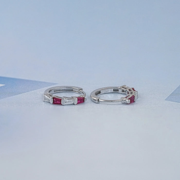 Ruby Tapered Baguette And Lab Diamond Hoop Earrings