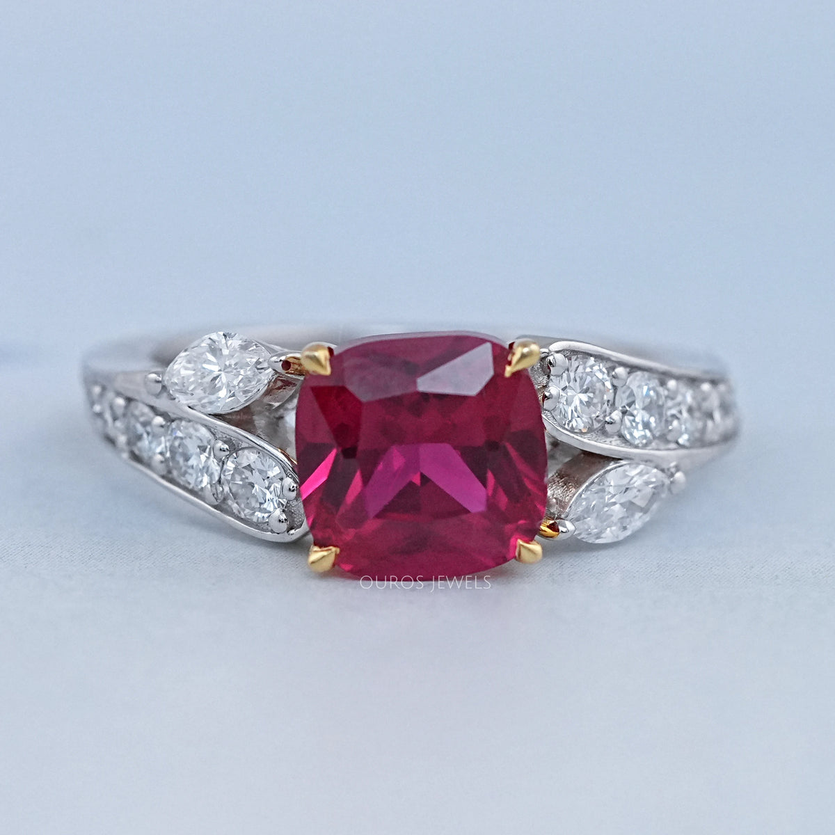 Cushion Ruby And Diamond Split Shank Ring — Ouros Jewels