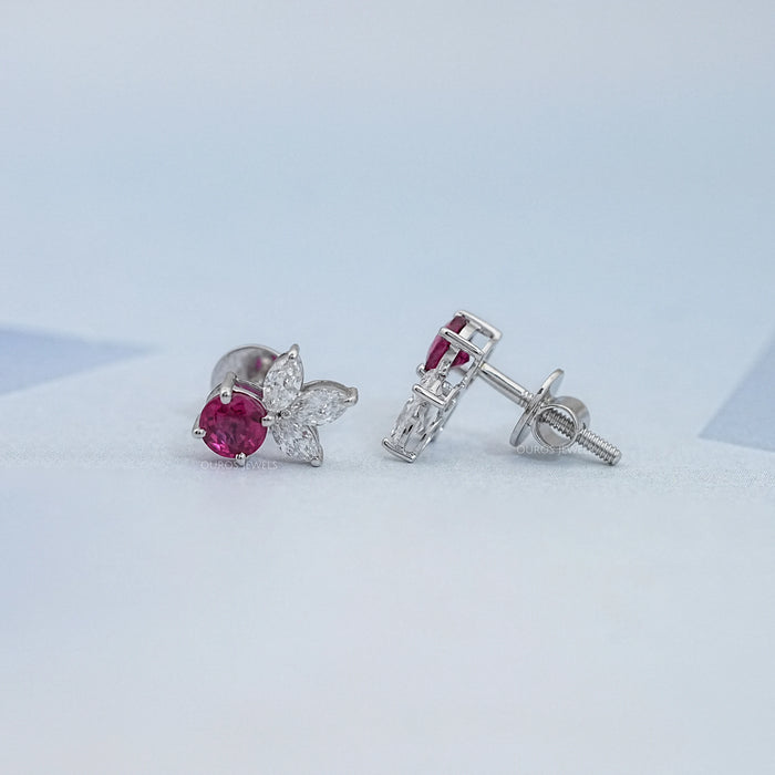 Ruby Round  And Marquise Lab Diamond Stud Earrings