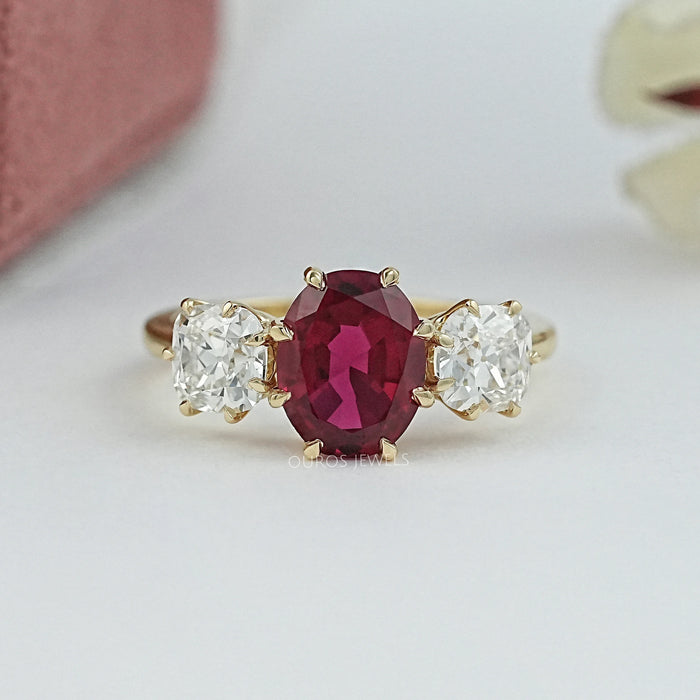 Three Stone Ruby Oval Gemstone Engagement Ring