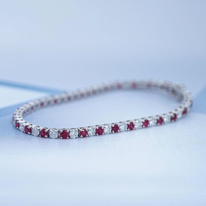 Ruby Round Gemstone And Lab Diamond Tennis Bracelet