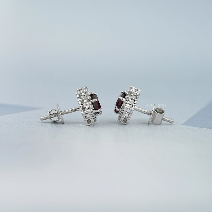 Floral Hexagon Cut Red Ruby Gemstone Cluster Stud Earrings