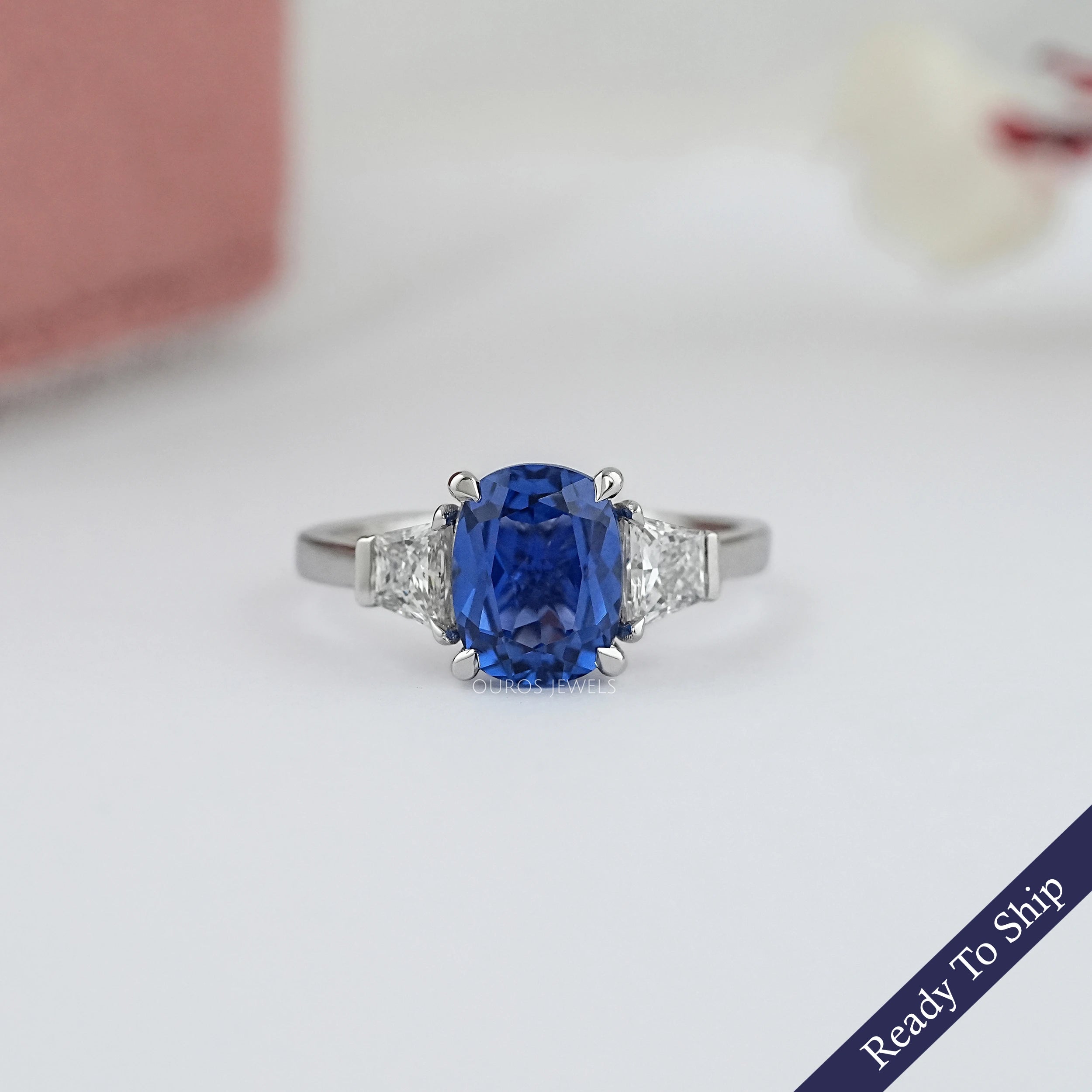 Sapphire Cushion Gemstone With Trapezoid Diamond  Ring