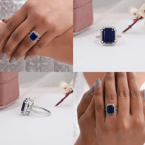 14k white gold emerald cut sapphire halo ring