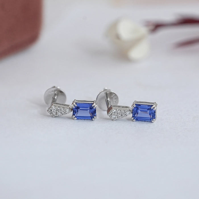 Sapphire Emerald Gemstone Round Diamond Drop Earrings
