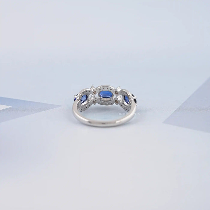 Three Stone Sapphire Oval Gemstone Halo Ring