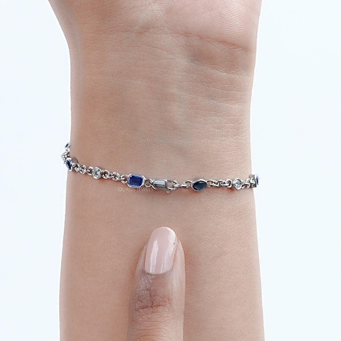 Sapphire Emerald Cut Gemstone Chain Bracelet