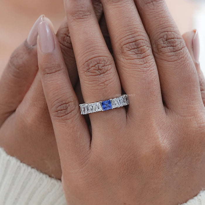 Sapphire Princess And Tapered Baguette Cut Half Eternity Band