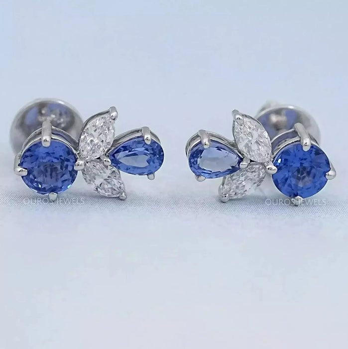 Sapphire Round And Pear Gemstone Stud Earrings