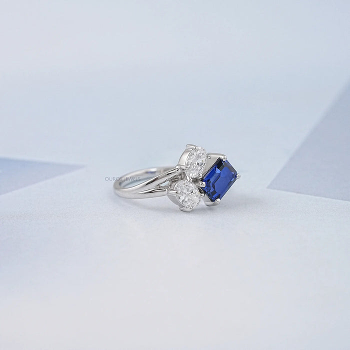 Sapphire Emerald And Oval Cut Split Shank Diamond Ring