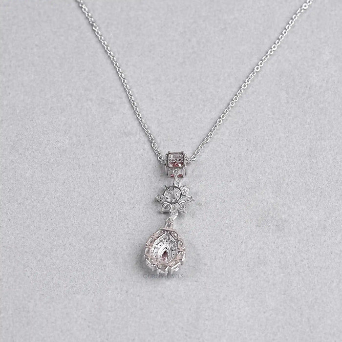Pear Shape Double Halo Diamond Drop Pendant Necklace