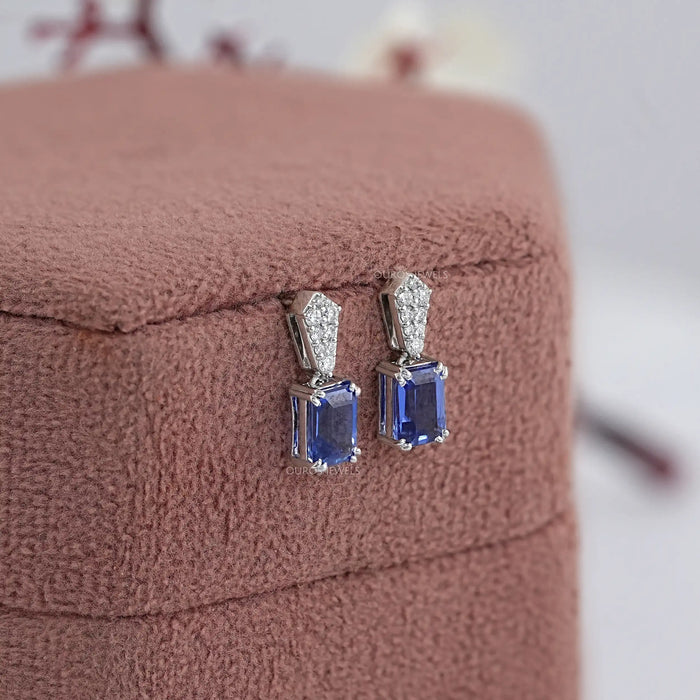 Sapphire Emerald Gemstone Round Diamond Drop Earrings