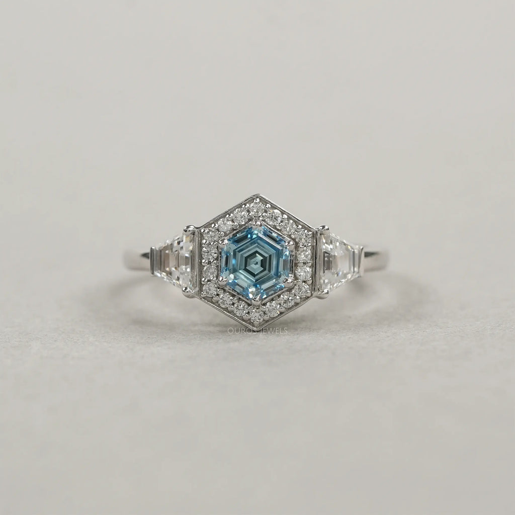 Blue Hexagon Cut Diamond Ring on White Background