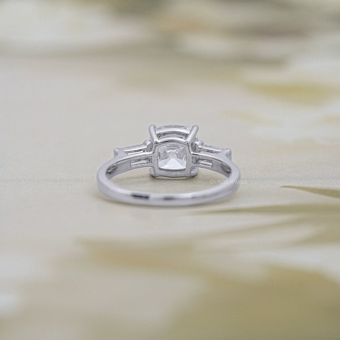 back view of square old mine cushion cut lab diamond three stone ring