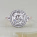 square old mine cushion diamond halo engagement ring's front view on grey fabric