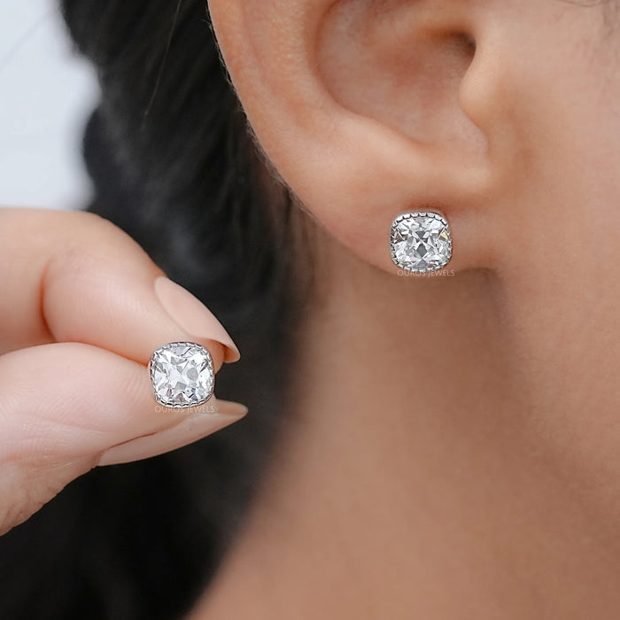 Square Old Mine Cushion Diamond Milgrain Stud Earrings