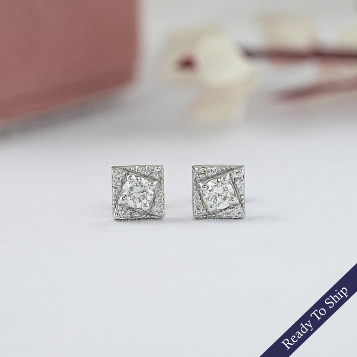 Round Cut Lab Diamond Small Square Stud Earrings