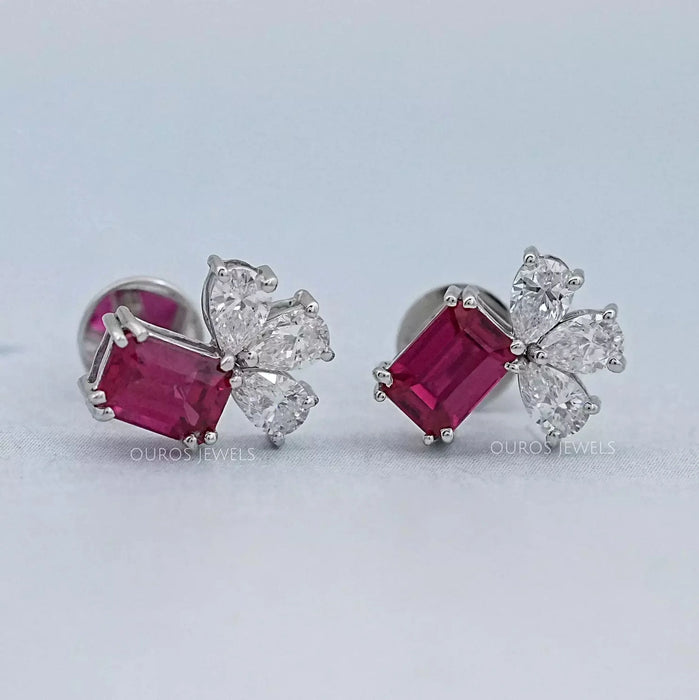 Ruby Emerald Gemstone And Pear Diamond Earrings