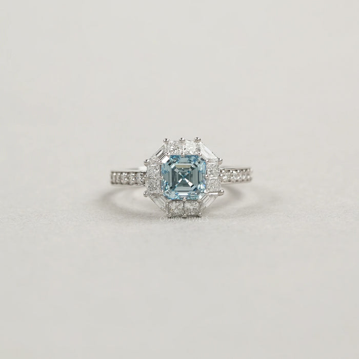 Fancy Blue Asscher Cut Halo With Accent Lab Diamond Ring