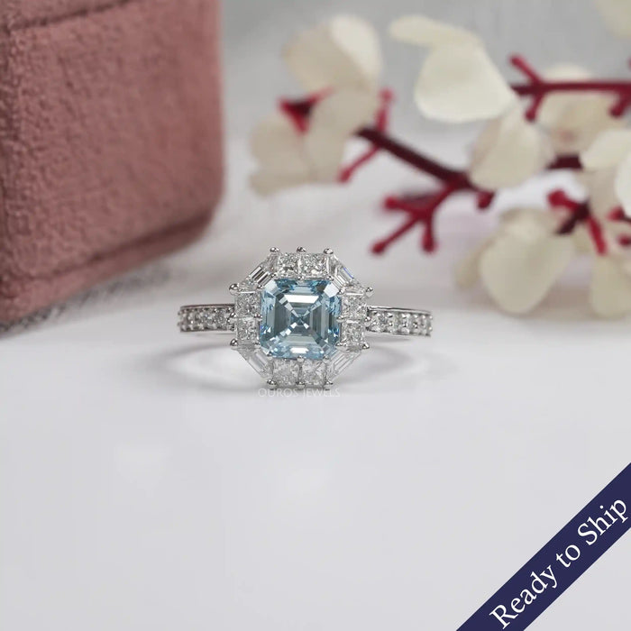 Fancy Blue Asscher Cut Halo With Accent Lab Diamond Ring