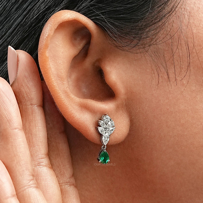 Emerald  With Diamond  Cluster  Pear Drop Earrings