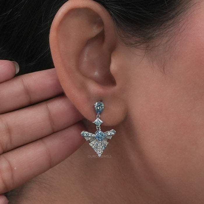 Blue Geometric Diamond Drop Earrings